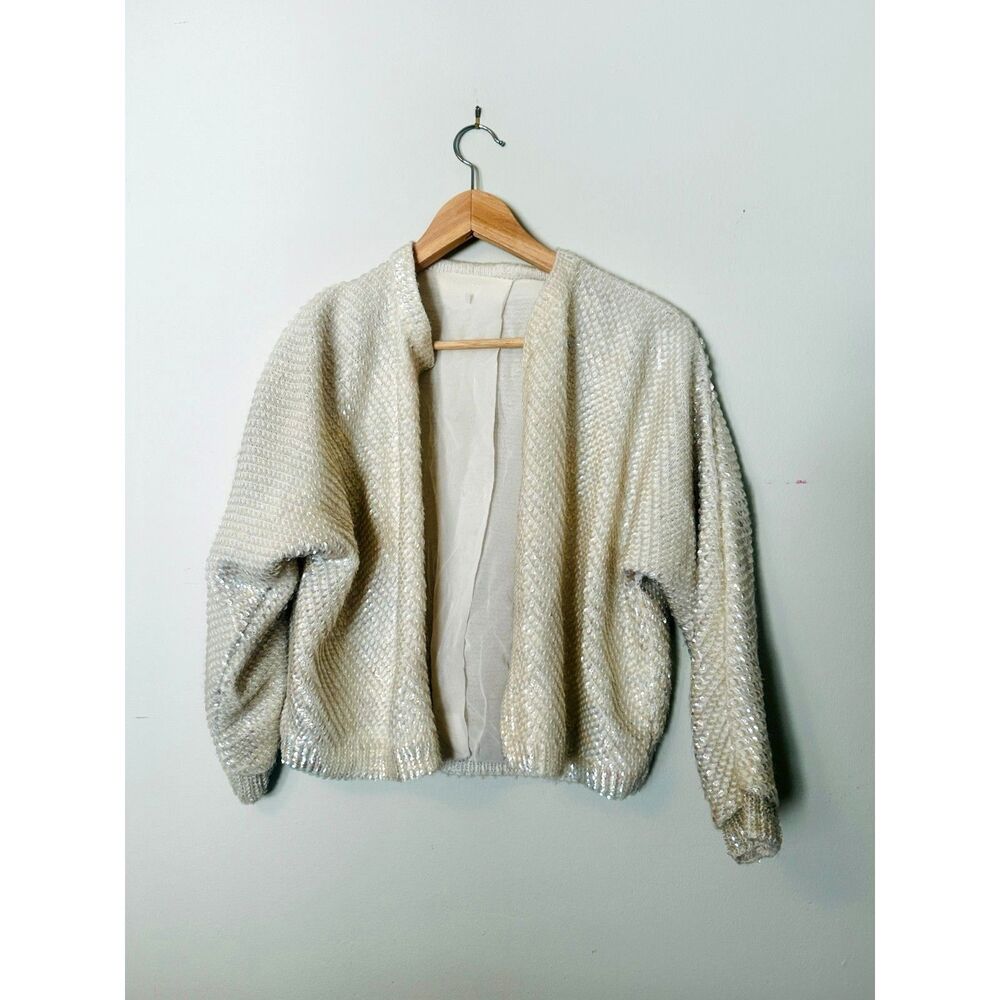 Vintage 1950s 60s White Allover Sequin Cardigan Silk Lined Evening Jacket